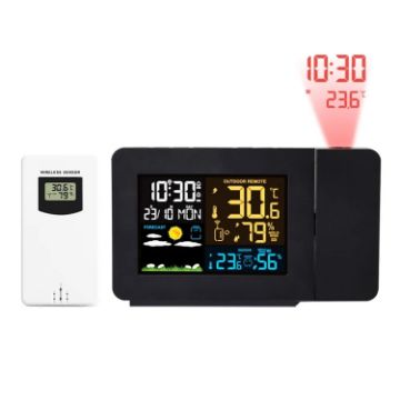 Color Screen Temperature Humidity Meter Projection Clock EU Plug - 1