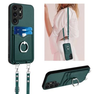 Samsung Galaxy S23 Ultra 5G R20 Crossbody Rope Ring Card Holder Phone Case Green - 1