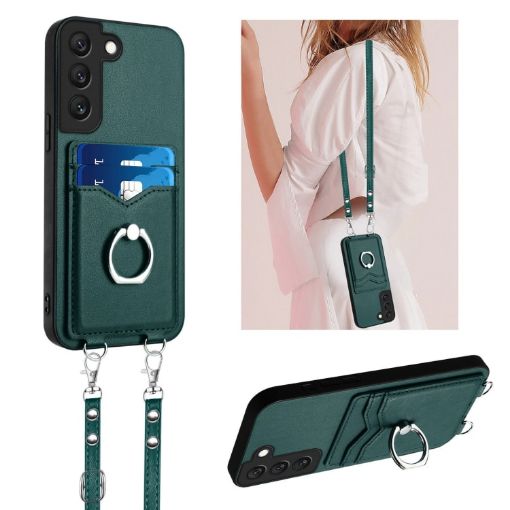 Samsung Galaxy S22 5G R20 Crossbody Rope Ring Card Holder Phone Case Green - 1