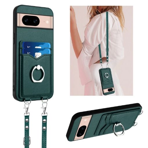 Google Pixel 8a R20 Crossbody Rope Ring Card Holder Phone Case Green - 1