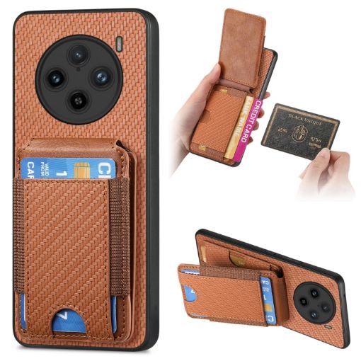 Vivo X100 Pro 5G Carbon Fiber Wallet Stand Case - Brown - 1