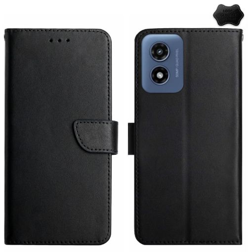Motorola Moto E14 Genuine Leather Flip Phone Case - Black - 1