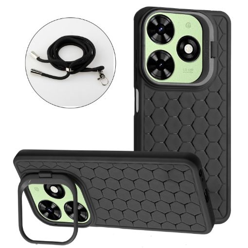 Tecno Spark 20 Honeycomb Radiating Holder TPU Phone Case with Lanyard - Black - 1