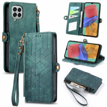 Samsung Galaxy M33 Geometric Zipper Wallet Leather Phone Case (Green) - 1