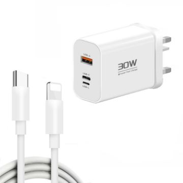 PD30W USB-C/Type-C + 8 Pin + USB Charger with Cable (UK Plug) - 1