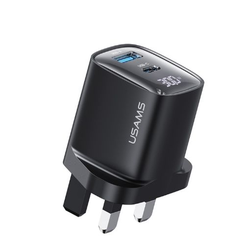 USAMS CC231 30W USB+USB-C Dual Port Charger, UK Plug (Black) - 1