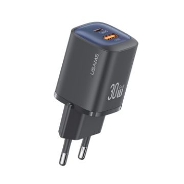 USAMS CC254 30W USB+USB-C Dual Port Fast Charger EU Plug Black - 1