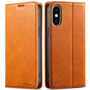 iPhone X/XS Suteni J02 Oil Wax Wallet Leather Phone Case - Khaki - 1
