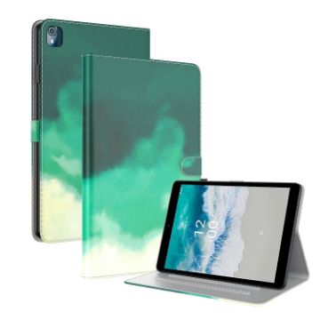 Nokia T10 Watercolor Pattern Flip Leather Tablet Case - Cyan Green - 1