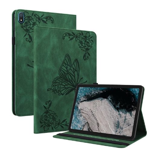 Nokia T20 Butterfly Flower Leather Tablet Case - Green - 1