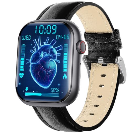 Black Leather F70 Smart Watch with Blood Sugar/Oxygen Monitoring - 1
