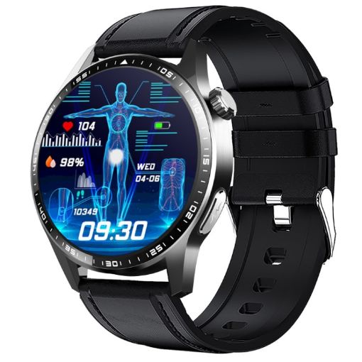 Black Leather Smart Watch with ECG/Blood Oxygen/Blood Sugar Support - 1