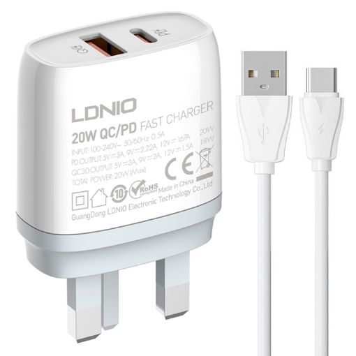LDNIO Q229 Fast Charger with Type-C Cable - UK Plug (White) - 1