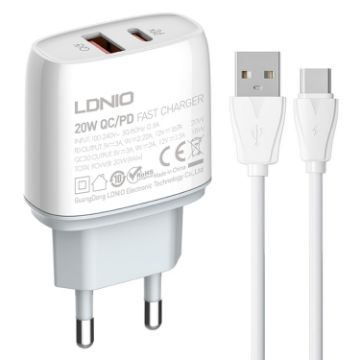 LDNIO Q229 Fast Charger with Type-C Cable - EU Plug (White) - 1