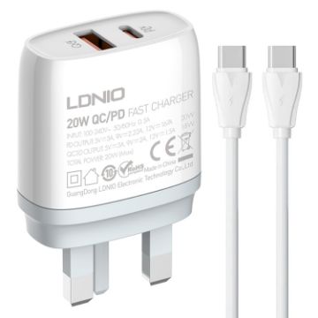 LDNIO Q229 Fast Charger + Type-C Cable - UK Plug (White) - 1