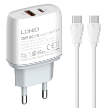 LDNIO Q229 Fast Charger with Type-C Cable - EU Plug (White) - 1