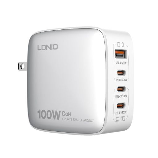 LDNIO Q408 100W GaN USB Charger + 3 USB-C Ports + 1m Data Cable - 1