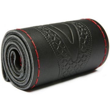 38cm Cowhide Steering Wheel Cover - Black+Red Line - 1