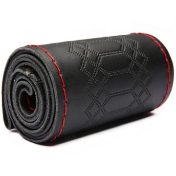 38cm Cowhide Steering Wheel Cover - Black+Red Line - 1