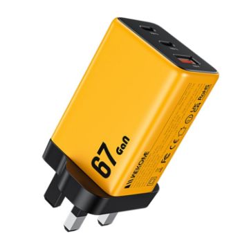 WK WP-U157 67W USB-C/Type-Cx2 Fast Charger - UK Plug Yellow - 1