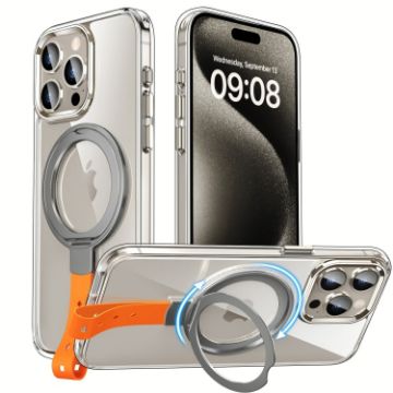 iPhone 15 Pro Max Holder Hand Strap MagSafe Case - Titanium Grey + Orange Strap - 1