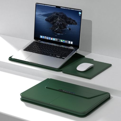 Multifunctional Laptop PU Magnetic Stand Split Liner Bag, 15 inch, Dark Green - 1