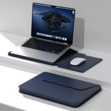 Multifunctional Laptop PU Magnetic Stand Split Liner Bag, Dark Blue - 1