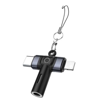 2 in 1 Flower Pattern Type-C & 8 Pin Audio Adapter with Lanyard - Blue Black - 1