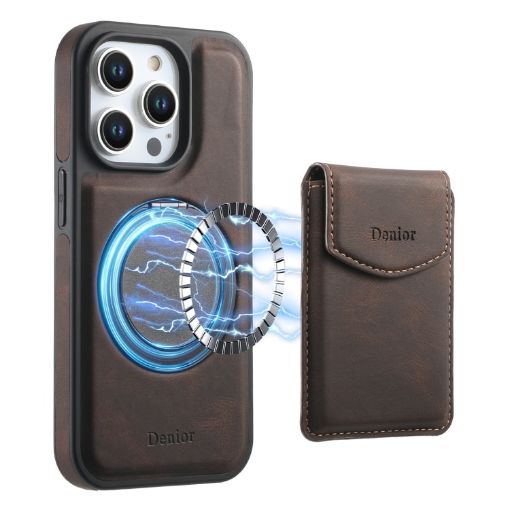 iPhone 15 Pro Denior D20 Skin Feel MagSafe Holder Detachable Card Slot Phone Case - Brown - 1