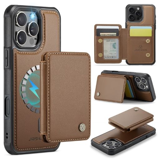 iPhone 16 Pro Max JEEHOOD J05 Business Magnetic Style RFID Leather Phone Case Brown - 1