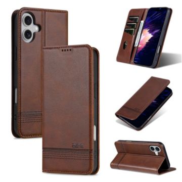 iPhone 16 AZNS Magnetic Calf Texture Flip Leather Phone Case - Dark Brown - 1