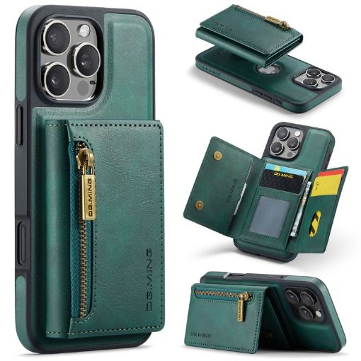 iPhone 16 Pro DG.MING M5 Series Zip RFID Multi Card Detachable Leather Phone Case Green - 1