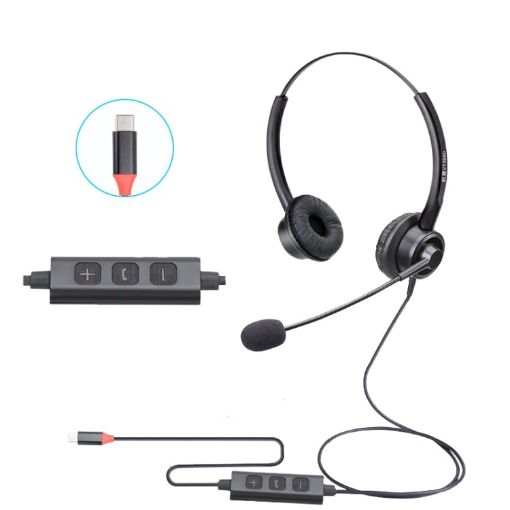 VT200D Type-C Double Ears Telephone Headset with Mic and Answer Key - 1