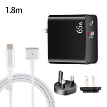 65W USB-C & QC3.0 Laptop Charger + 1.8m Cable, UK/US Plug (Black) - 1