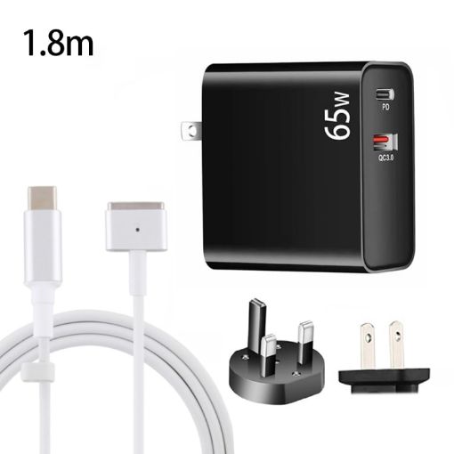 65W USB-C & QC3.0 Laptop Charger + 1.8m Cable, UK/US Plug (Black) - 1