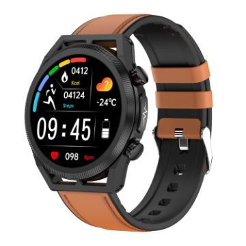 ET310 1.39" IPS IP67 Smart Watch, Leather Band, Temp/ECG (Brown) - 1
