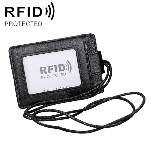 KB153 RFID Antimagnetic Leather Card Holder with Lanyard (Black) - 1