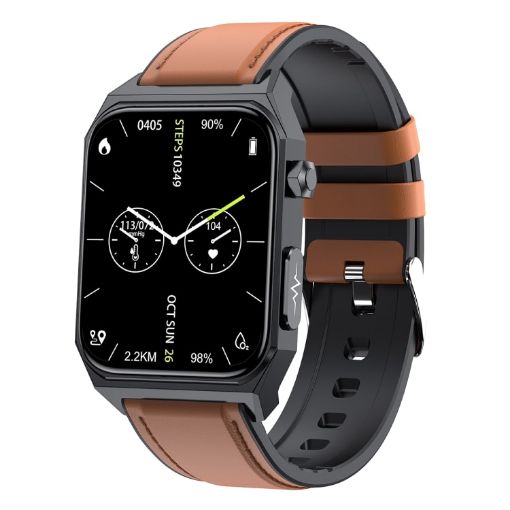E530 1.91" IP68 Leather Smart Watch ECG/Non-invasive Blood Sugar, Brown - 1