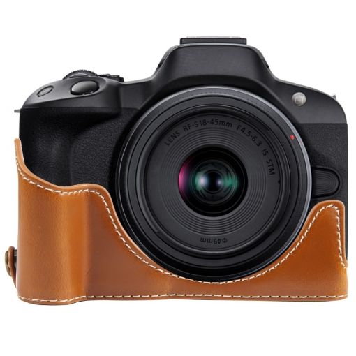 Canon EOS R50 Leather Camera Half Case Base, 1/4" Thread, Brown - 1