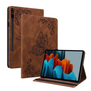 Galaxy Tab S9+ Brown Butterfly Flower Embossed Leather Case - 1
