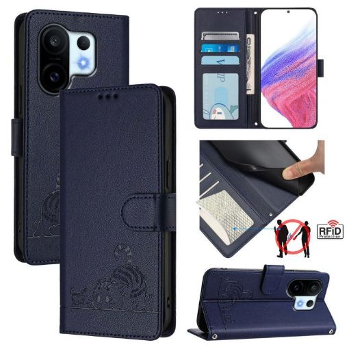 Vivo S30 Pro Mini Blue RFID Leather Case with Cat Rat Pattern & Lanyard - 1