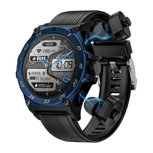 LC18 1.53" IP67 Sport Smart Watch with Earbuds, Health Monitor (Blue) - 1