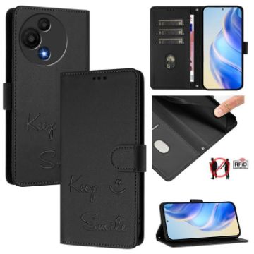 TCL 605/60 SE RFID Leather Phone Case, Black, Smile Embossing - 1