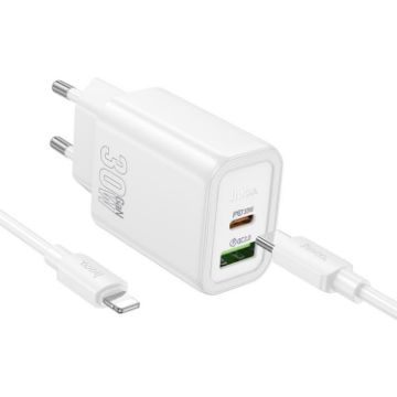 hoco N63 PD30W+QC3.0 Charger EU Plug with 1m Type-C to 8 Pin Cable - 1
