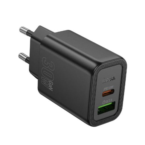 hoco N63 Dual Port Charger, PD30W+QC3.0, EU Plug (Black) - 1