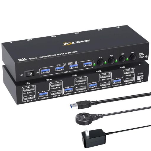 8K 30Hz Dual Monitor KVM Switch, 4 In 2 Out, DP/USB3.0, UK Plug - 1