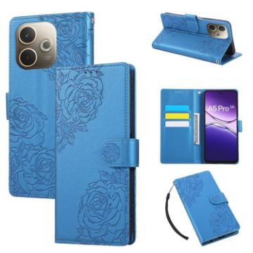 OPPO A5 Pro 5G Blue Leather Case with Rose Emboss & 3 Card Slots - 1