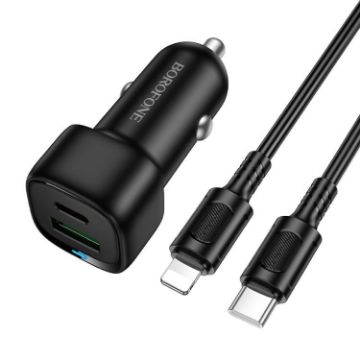 BOROFONE BZ34B Car Charger, Type-C & USB, 1m Cable, Fast PD38W, Black - 1