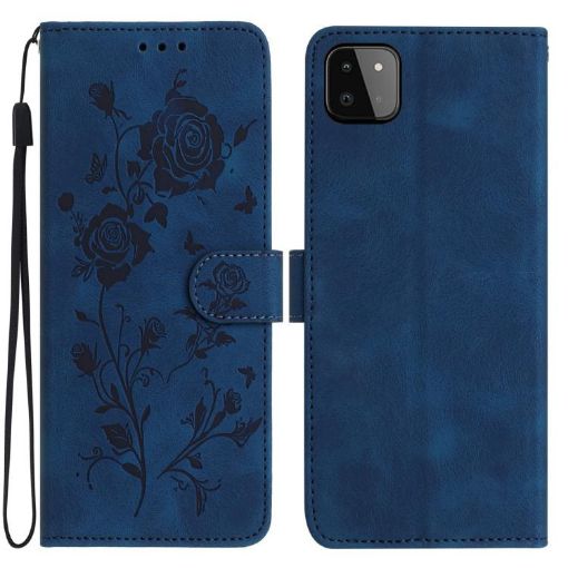 Samsung Galaxy A22 5G Rose Embossed Leather Case (Dark Blue) - 1