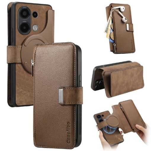 Redmi Note 13 4G Case MagSafe RFID Zipper Leather Wallet (Brown) - 1